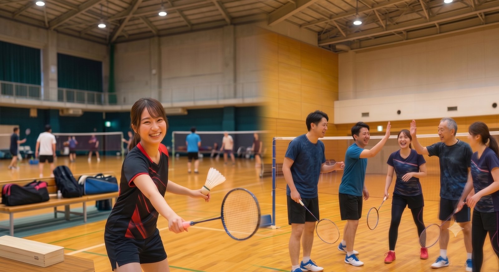 東京のバドミントンサークルの活動風景。体育館でプレーする人たちとハイタッチする仲間